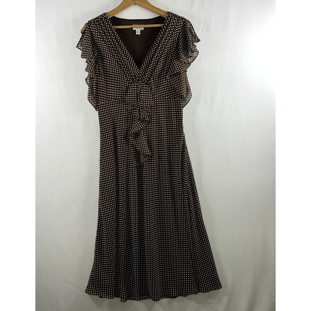 VTG 90s Polka Dot Ruffle Midi Dress Size Small Brown Retro 40s Romantic Empire